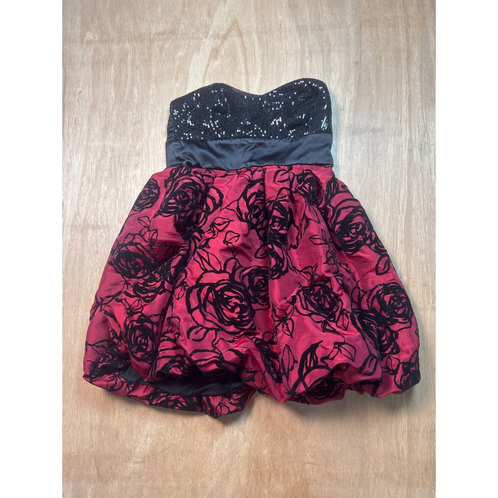 Red Black Rose Floral Sequin Strapless Bubble Hem Mini Dress Cocktail Party Prom